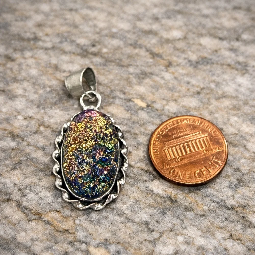 Titanium Rainbow Drusy Pendant Silver Plated Boho Crystal Pendent